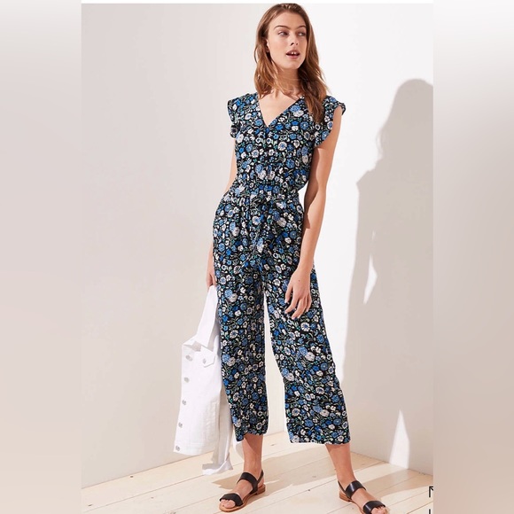 LOFT Pants - LOFT Blue Black Floral Flowers Print Wide Leg Sleeveless Jumpsuit Pockets